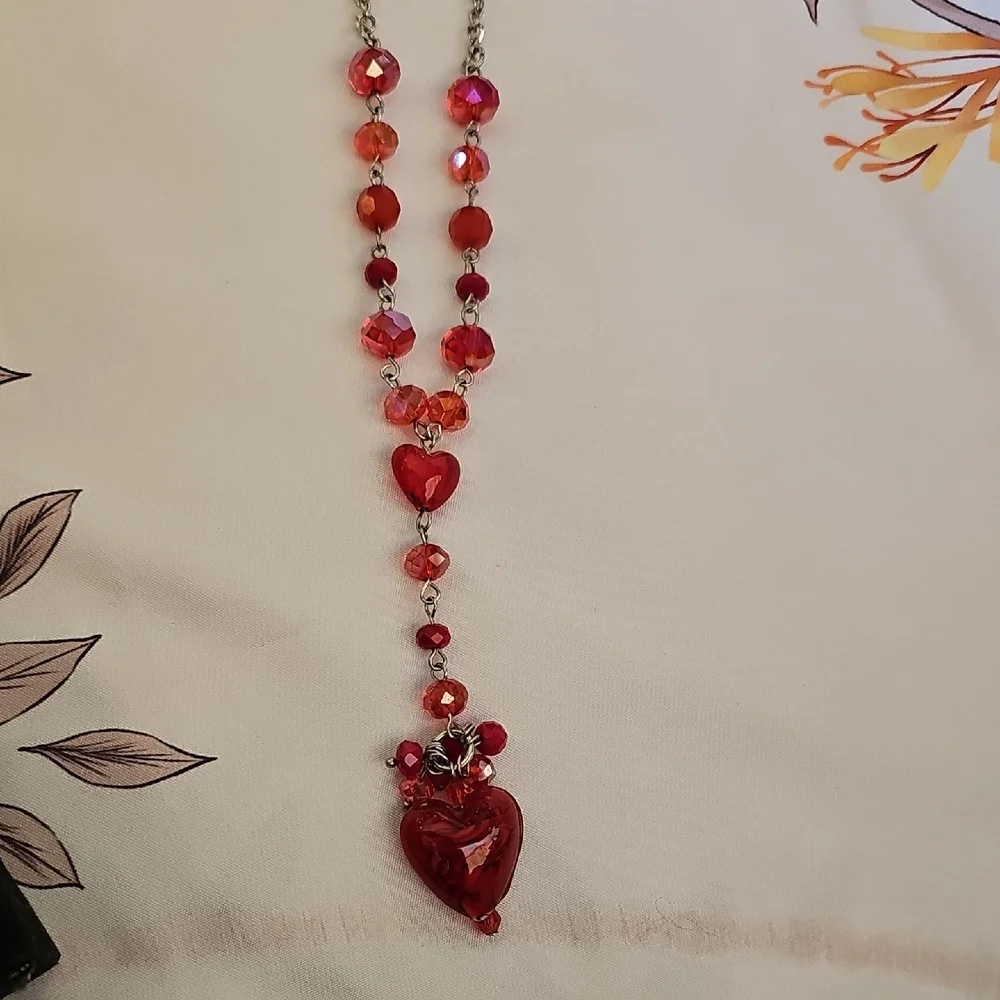 Pier 1 Red Glass Beaded Heart Necklace